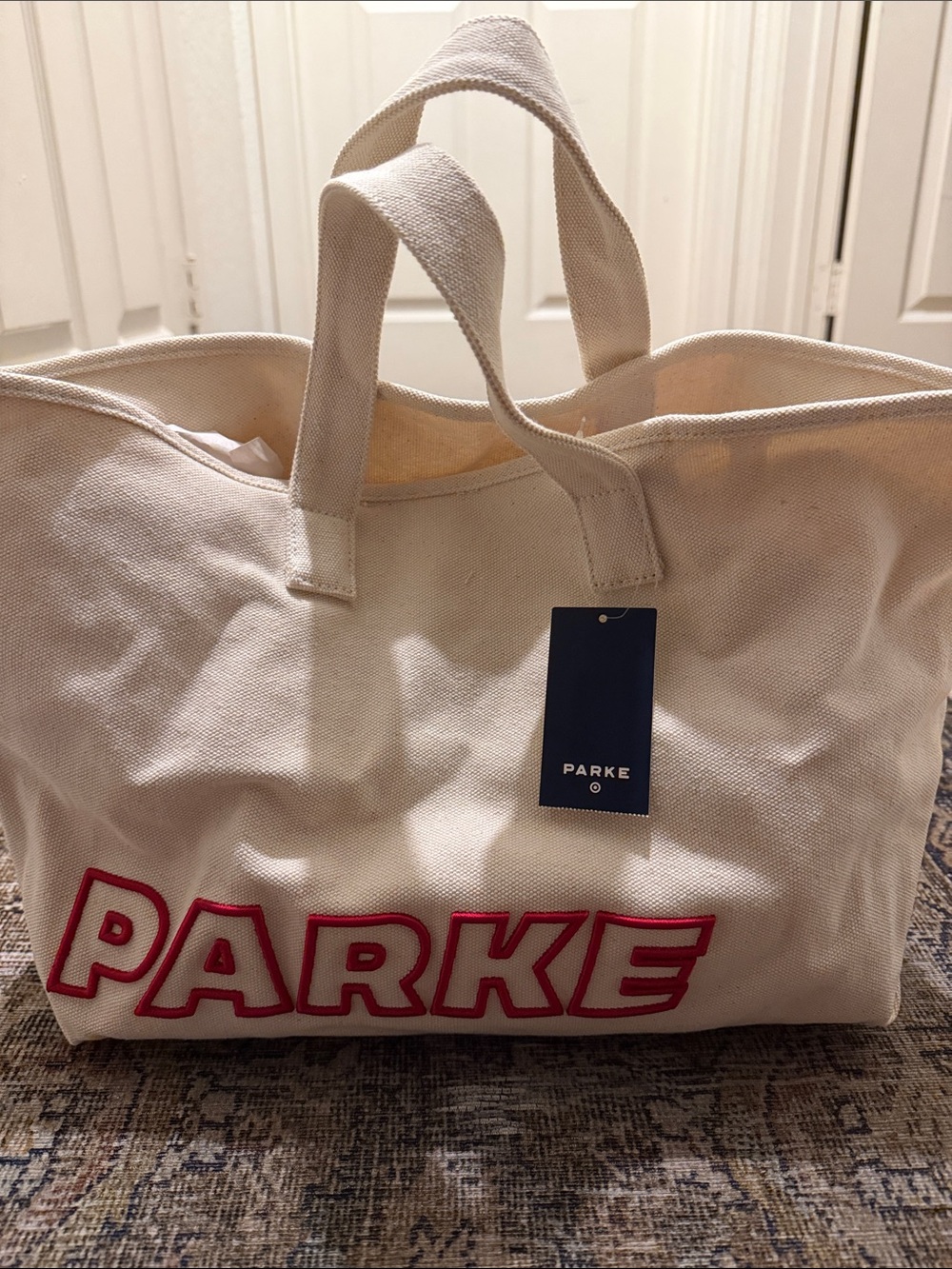 Parke Cream Canvas Tote with Red Logo